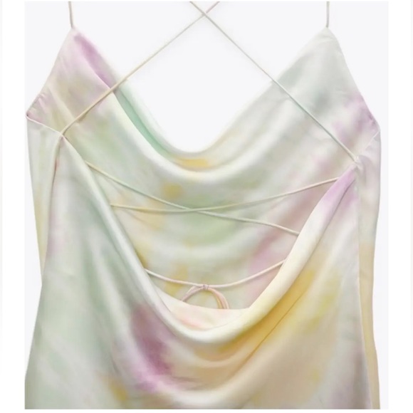 Zara Printed Watercolor Satin Tie Dye Mini Cowl Neck Dress Cream Pink XS NWT - Picture 9 of 16